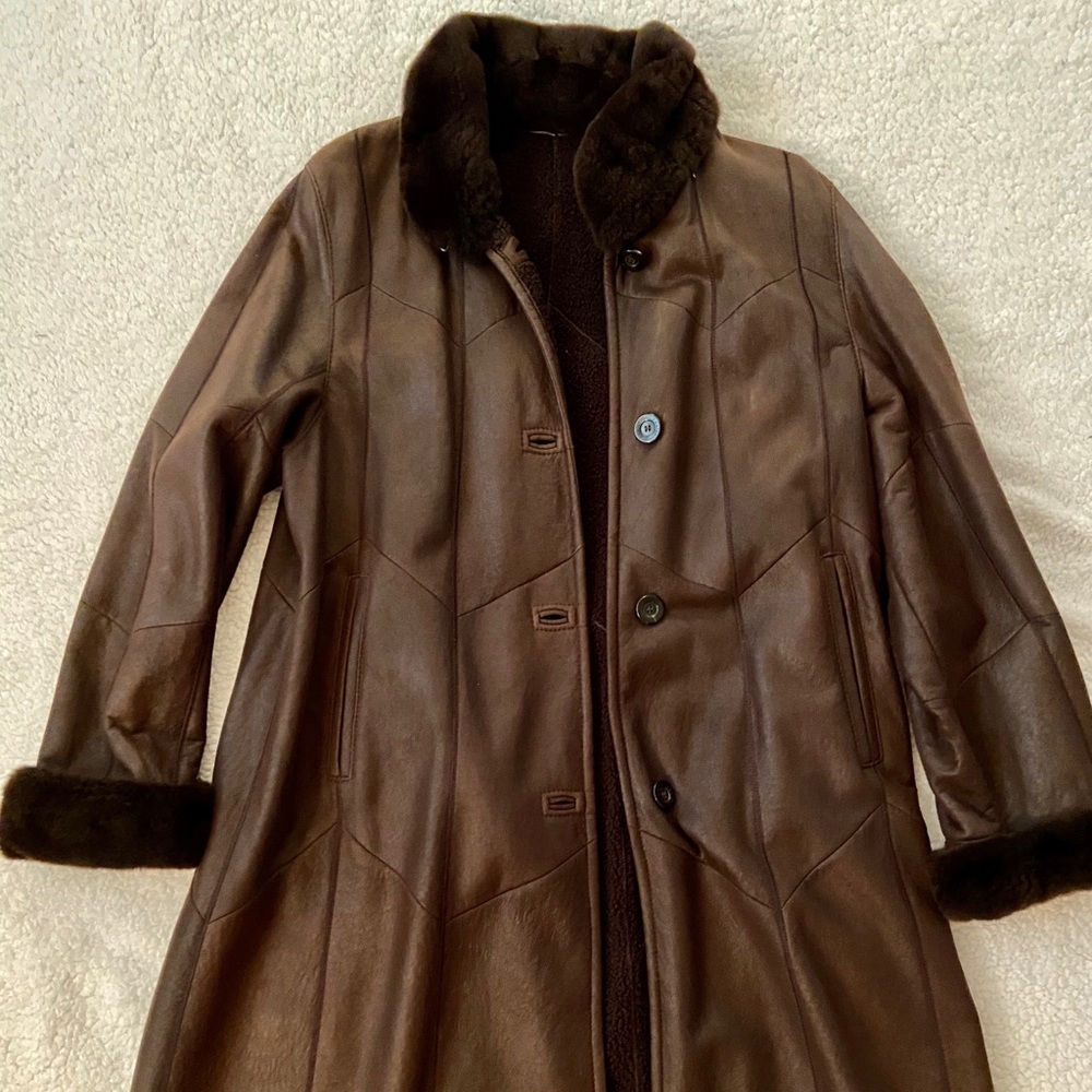 Brown Leather and Fur Trimmed Coat